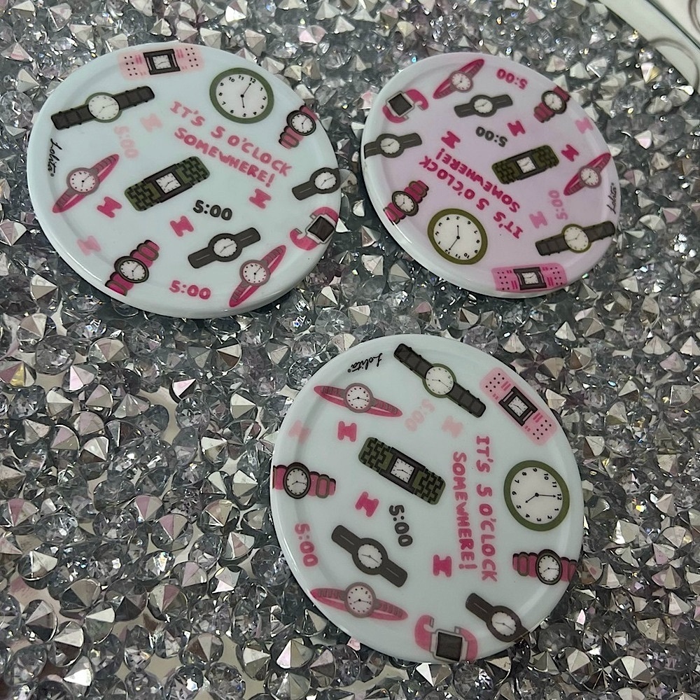 3 coasters it’s 5 o’clock somewhere pink purple blue Fun Clock-Themed drinkware